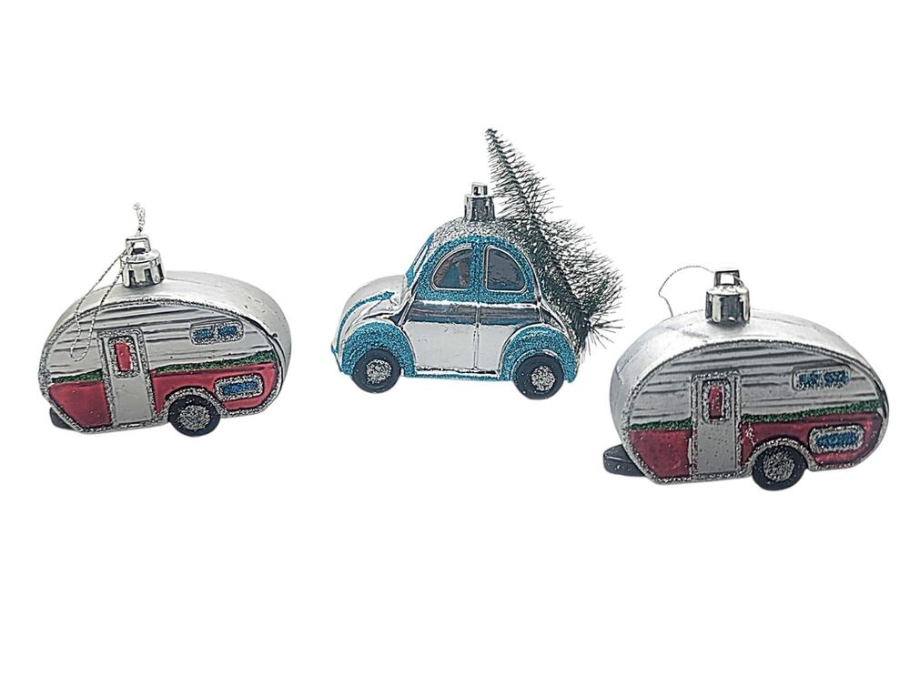 Vtg 3 pcs Mini Campers And Car Christmas Ornaments Plastic w/ Glitter CL60